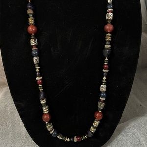 Vintage Multi-Beaded Necklace 36 Inches  Round & Square Beads  Red, Black, Gold
